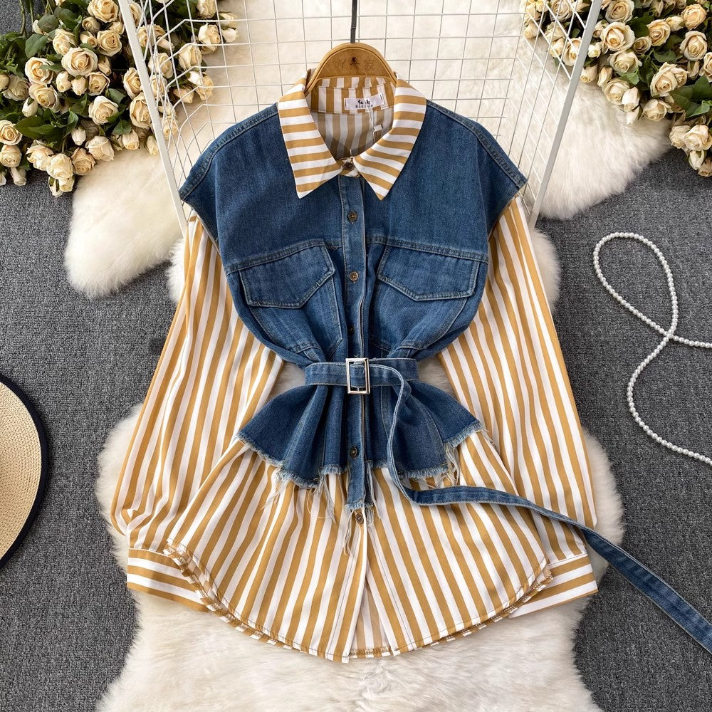 Denim Vest Spliced Striped Shirt Women's Casual Irregular Top S4051