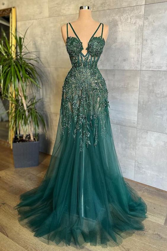 Charming Dark Green Tulle Long Evening Dress Sweetheart Sleeveless Formal Prom Dress S3789