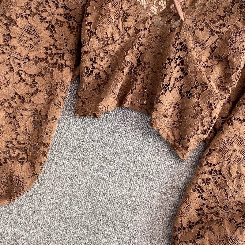 new elegant V-neck lace shirt long-sleeved shirt backless short top for women S3988