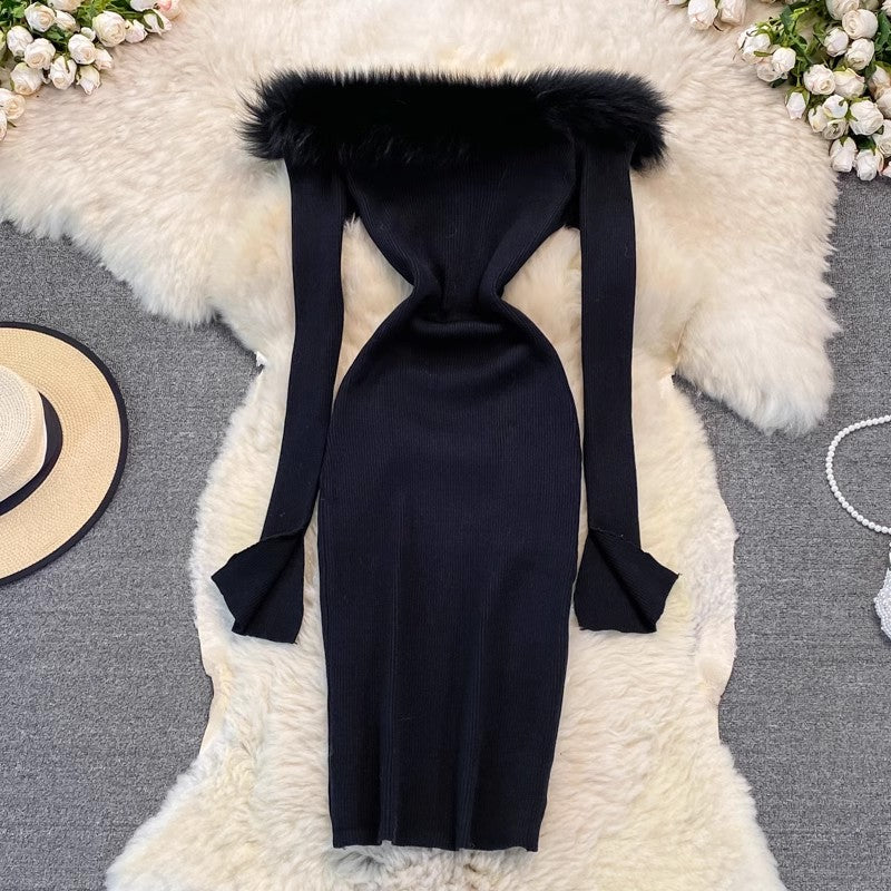 fashion new sexy off-shoulder tight knitted dress S4241