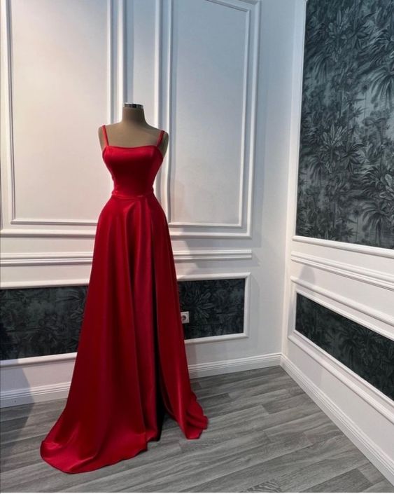 Long Prom Dresses A Line Red Satin Formal Evening Dresses S4055