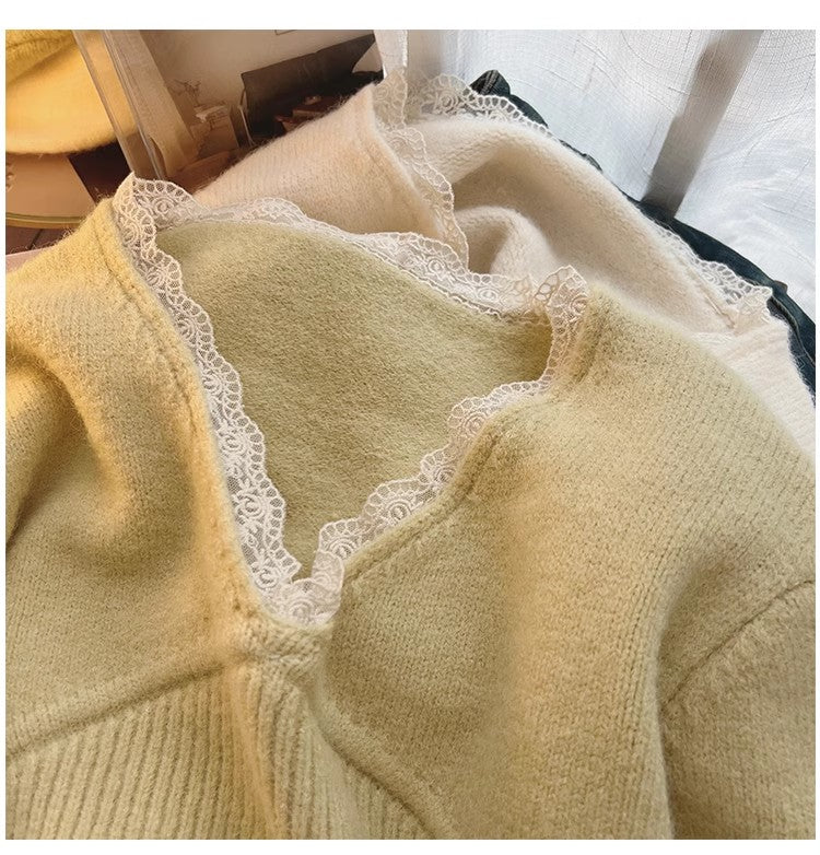 French lace V-neck sweater for women knitted shirt S4860