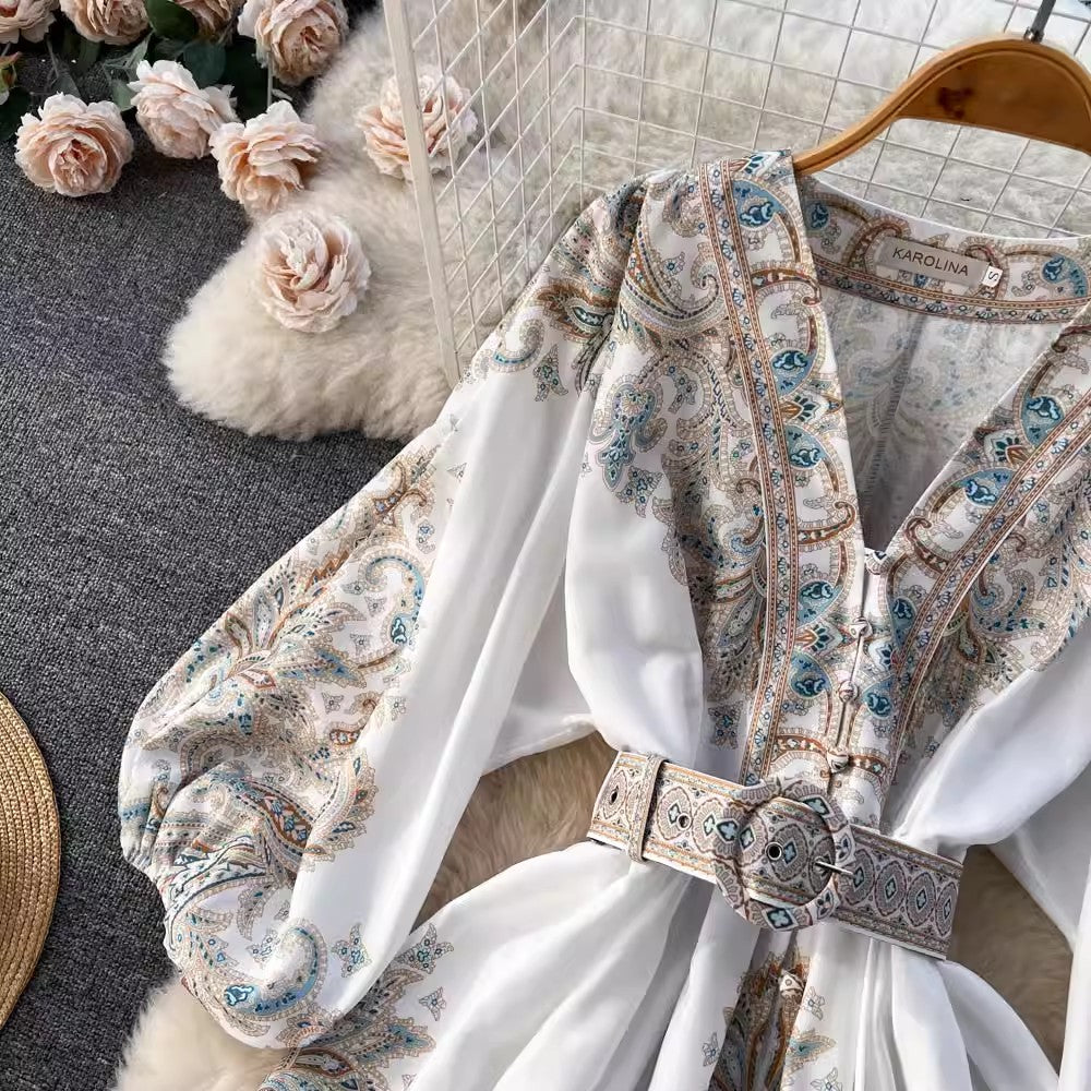 printed V-neck lantern sleeve mid-length dress trendy S4553