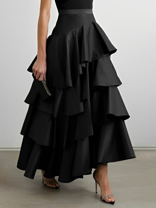 Stylish Selection A-Line High Waisted Falbala Solid Color Skirts Bottoms    S2820