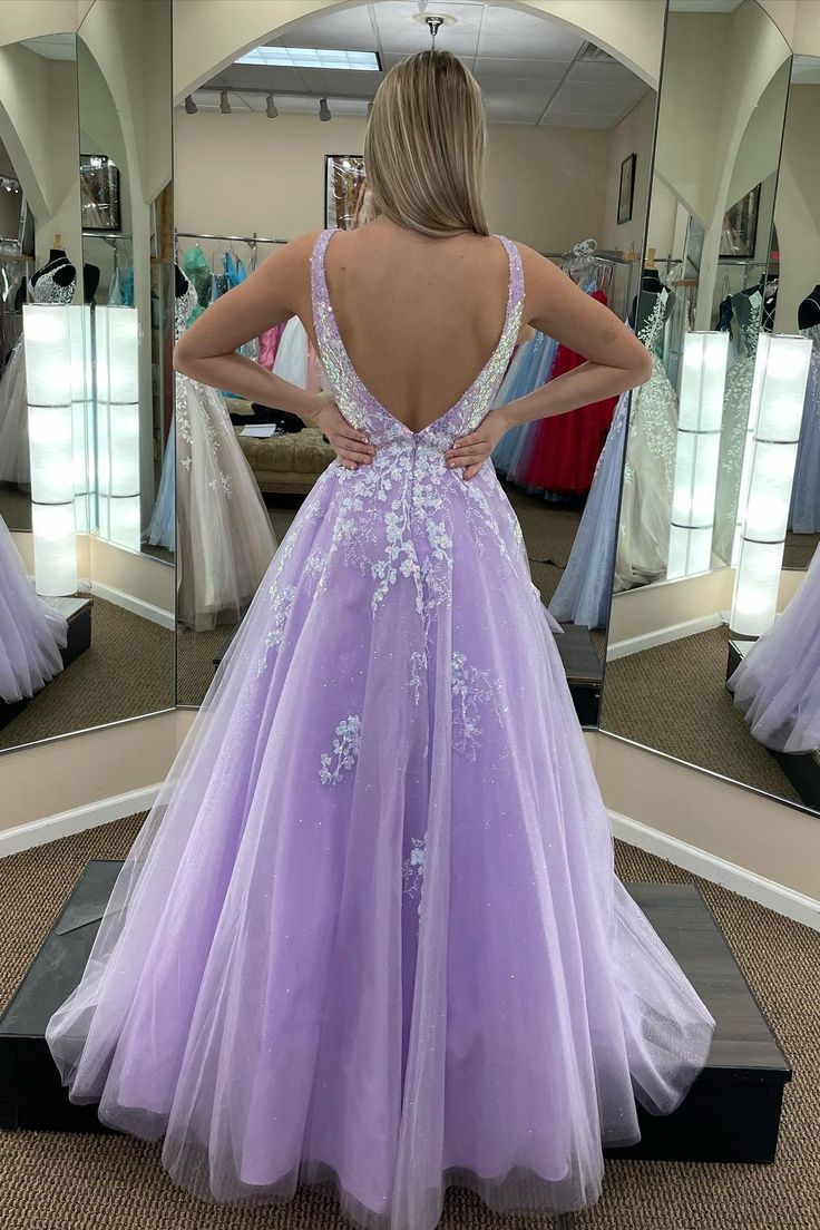 Lilac Tulle A-line V Neckline Backless Applique Long Prom Dress S3817