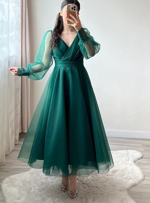 A-Line Cocktail Dresses Minimalist Dress Christmas Tea Length Long Sleeve V Neck Organza with Buttons S2903