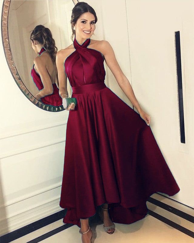 High Low Hem Prom Dresses Satin Halter Top S2808