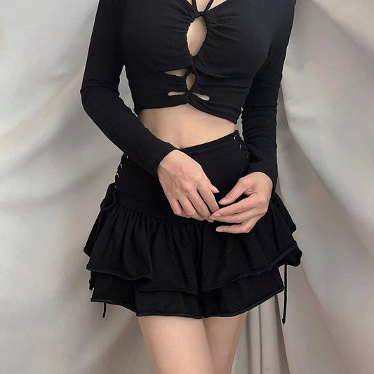 Lace Up High Waist Ruffled Skirt Black      S2816