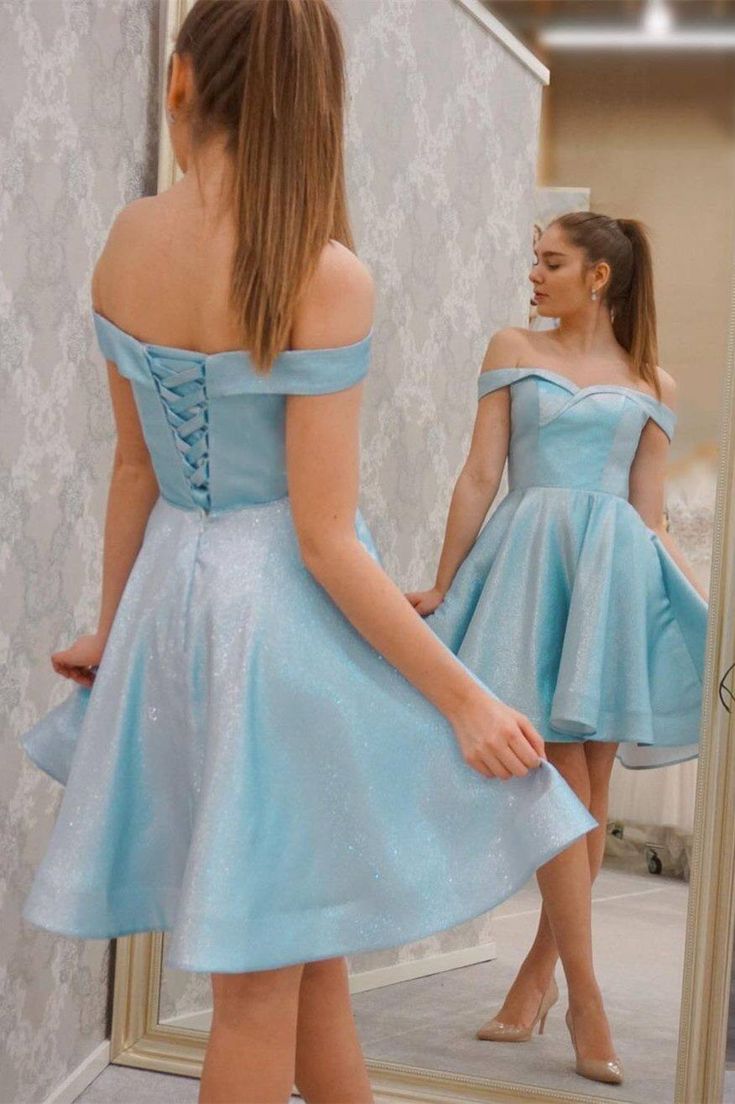 Blue Off the Shoulder Short A-line Party Dress S3296