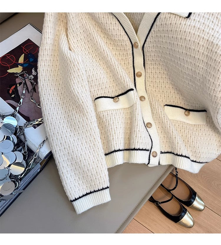knitted cardigan for women POLO collar sweater jacket S4848