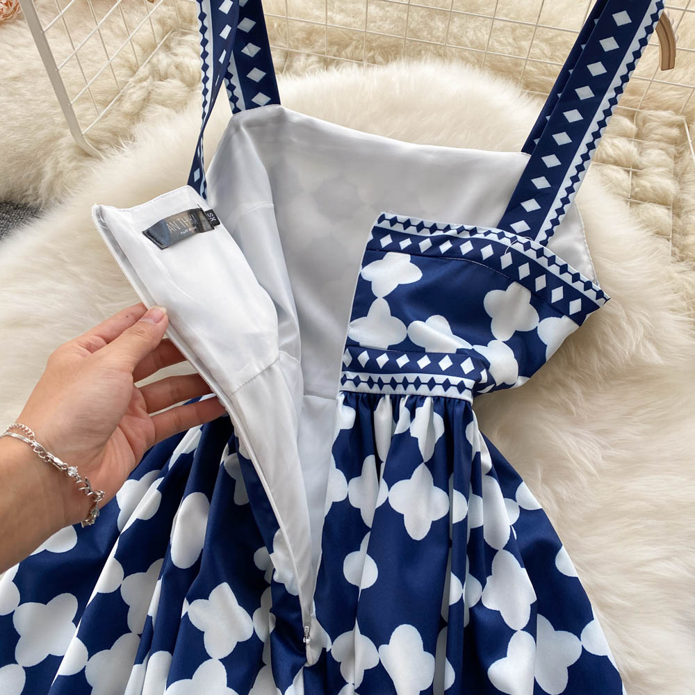 Blue Square Neck Printed Sling Dress S4469