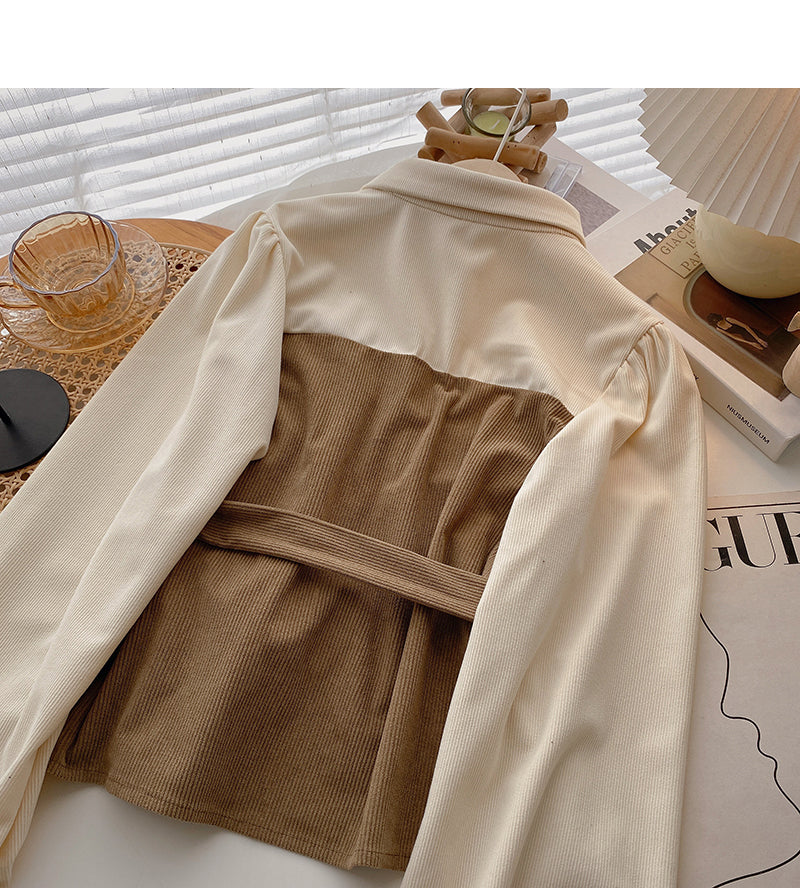 New Korean retro slim waist closed fake two-piece top S2532