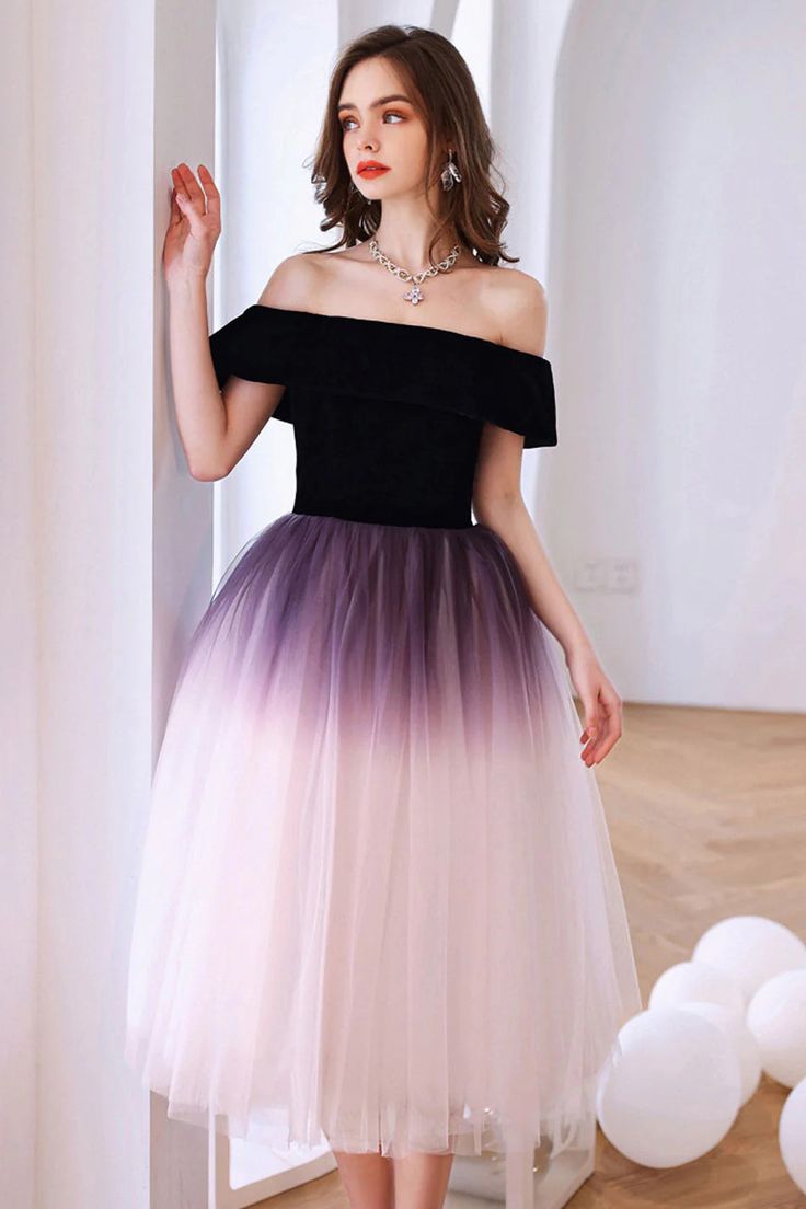 Purple A Line Ombre Off the Shoulder Tulle Tea-Length Homecoming Dress S3377