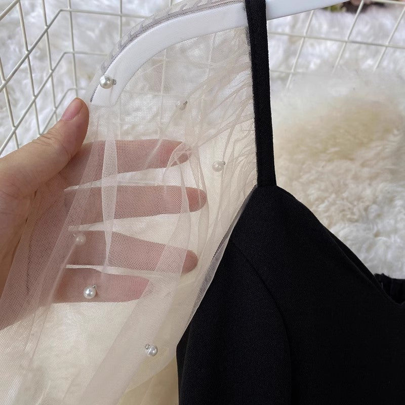 puff sleeve V-neck mesh beaded A-line mid-length dress S4090