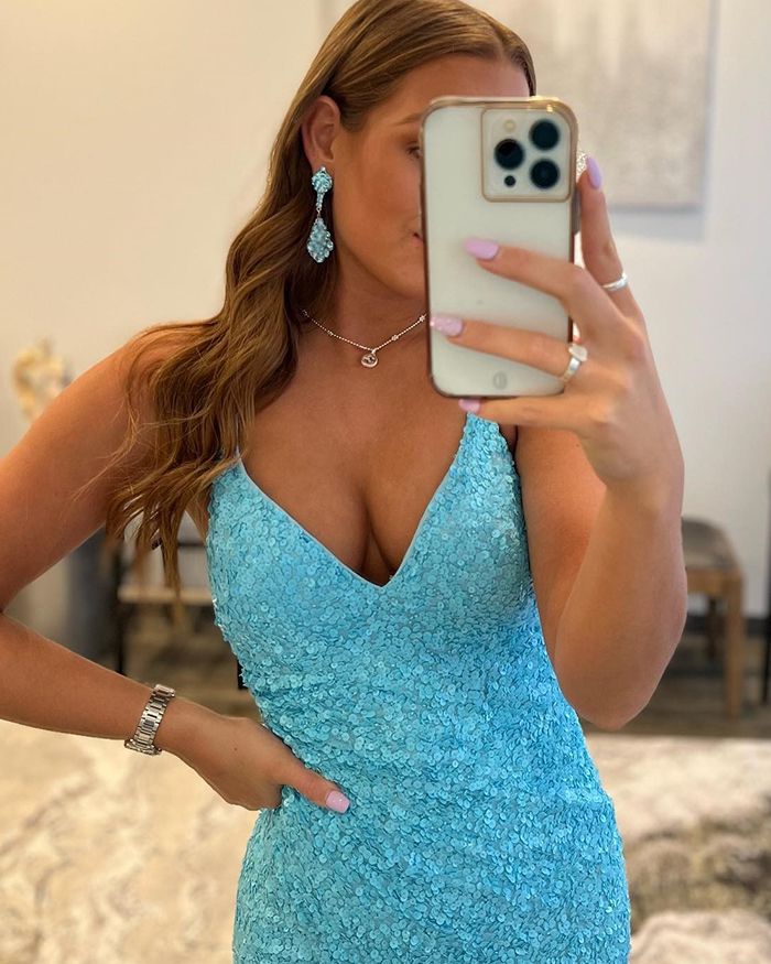 Spaghetti Straps Cyan Sequin Mermaid Prom Dress with Side Slit S3751