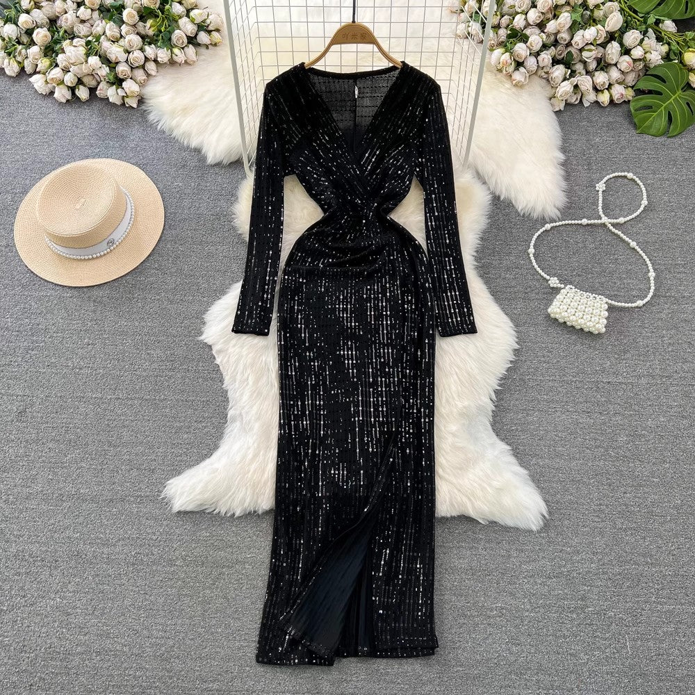 fashionable long-sleeved V-neck mid-length dress S4296