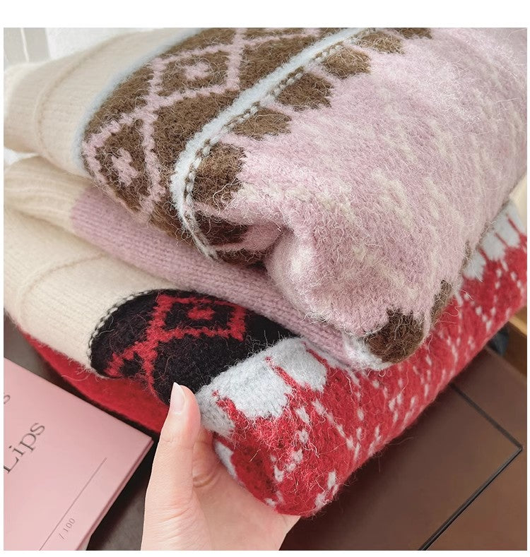 Retro jacquard round neck sweater for women knitted shirt S4874