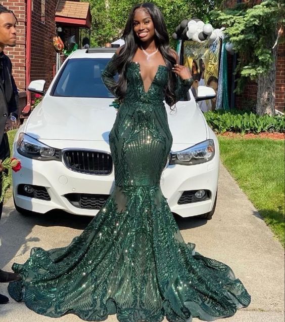 V Neck Green Long Prom Dresses, Formal Gown Graduation Dresses S3018