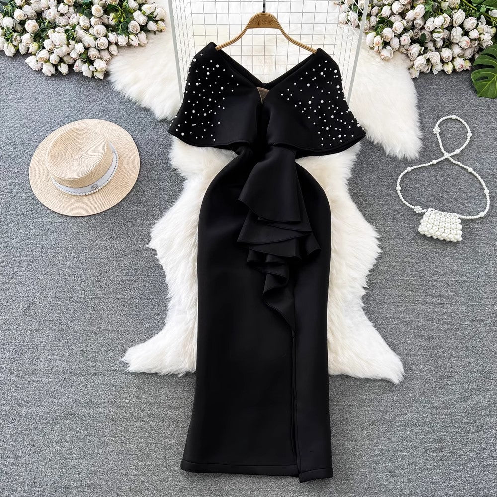beaded V-neck dresses S4038