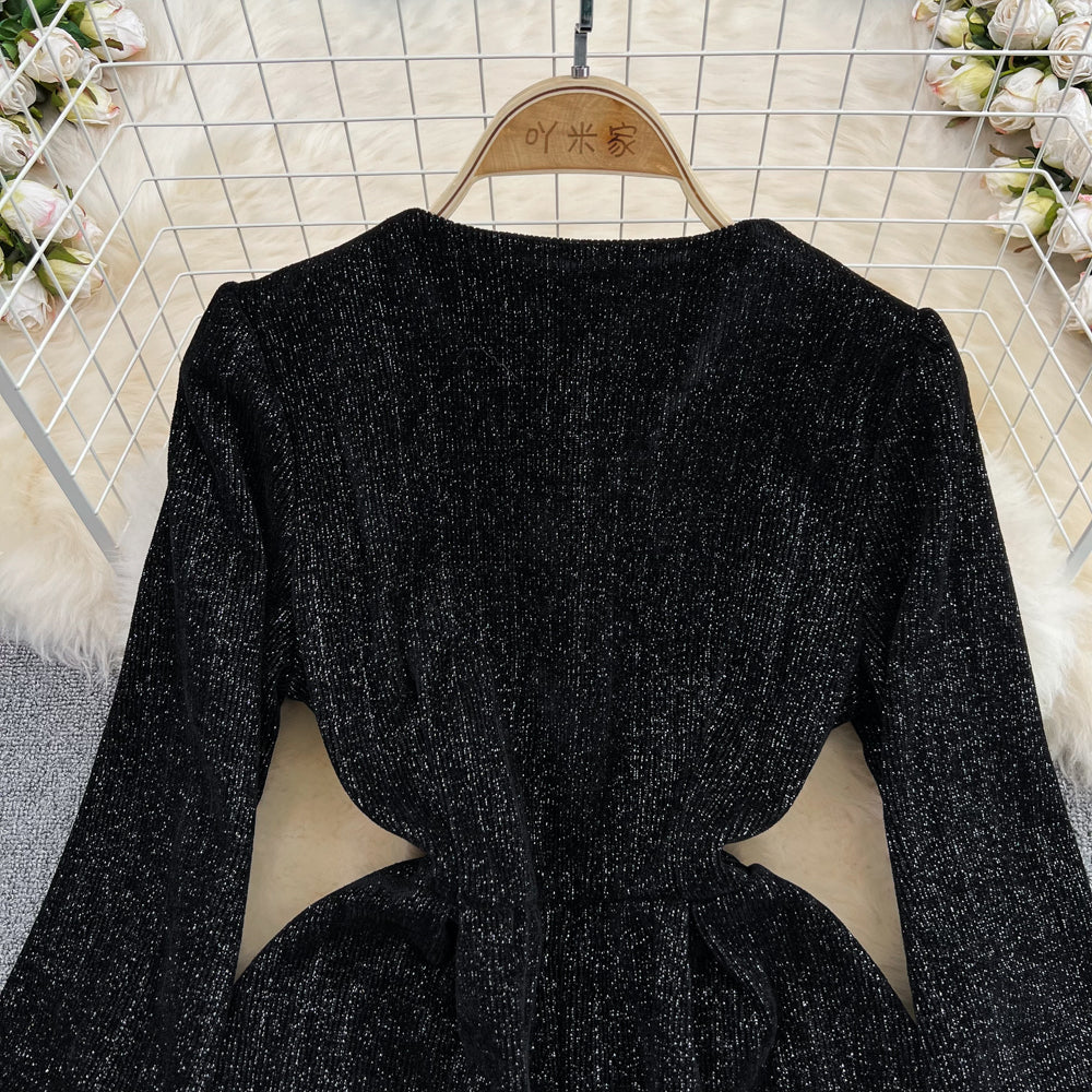 Black A-line Long Sleeve Dress, Black Fashion Dress S4414