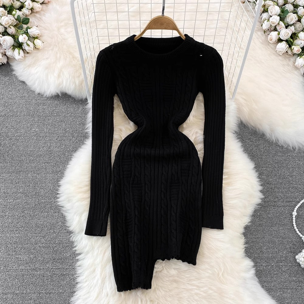 sweater dress round neck irregular knitted dress S4421