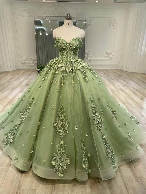 Green sweetheart neck tulle lace prom dress, ball gown dress S3021
