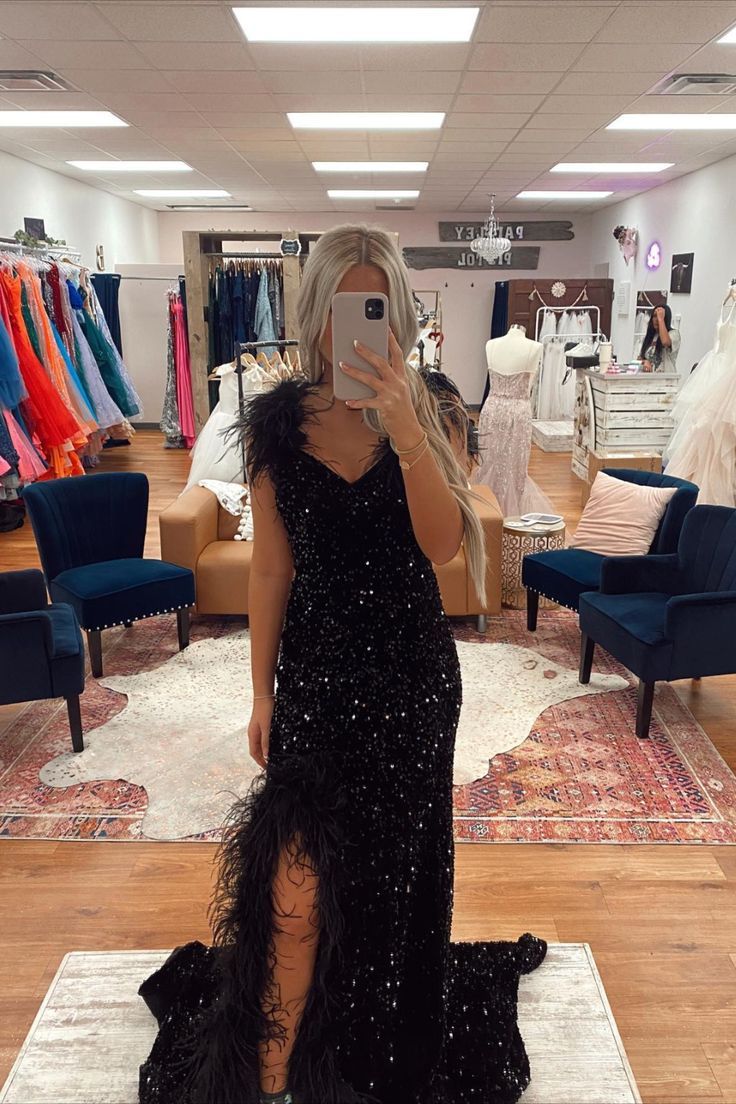 Feather Straps Black Sequin Mermaid Long Party Dress S3570