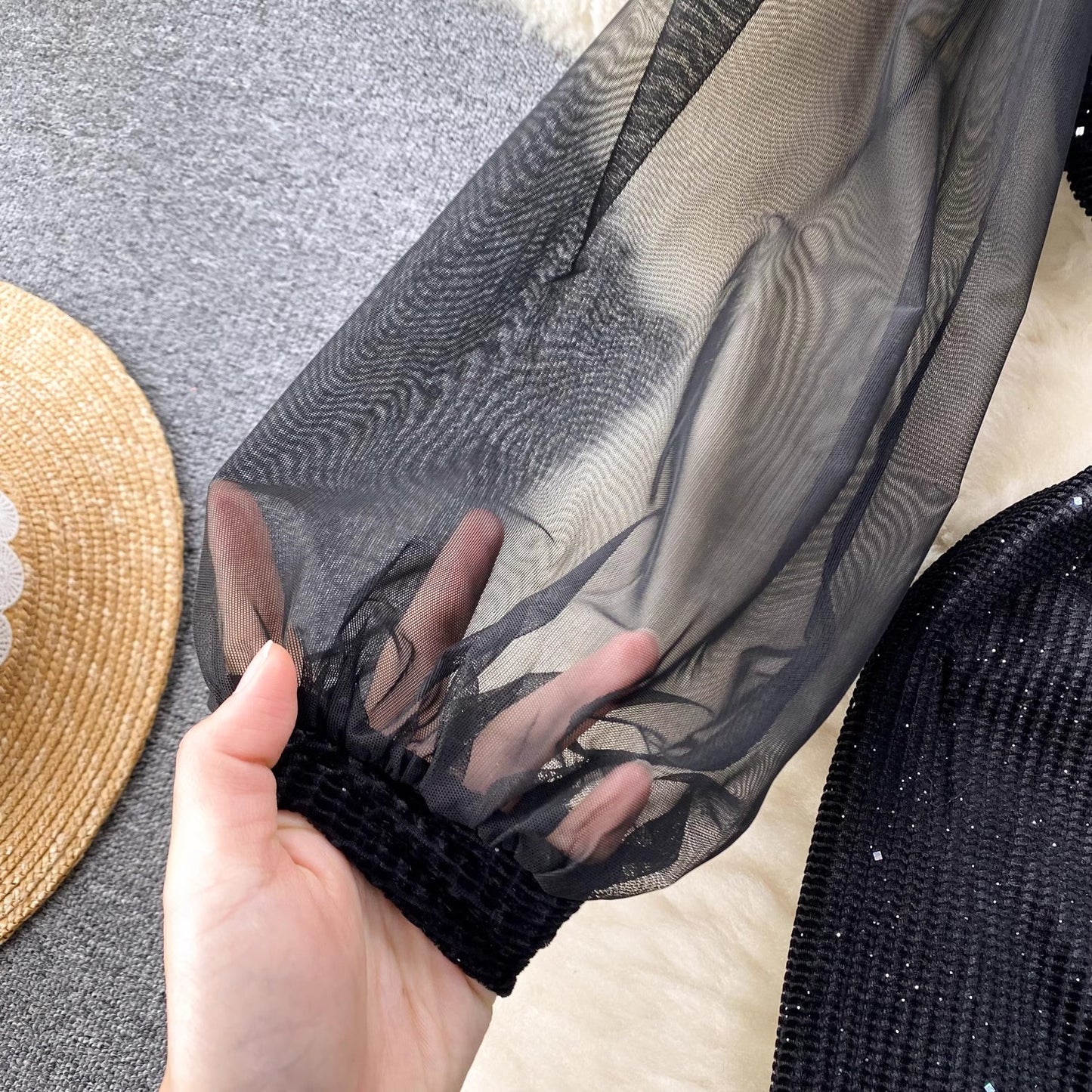 see-through mesh sequin dress women's black dress S4650