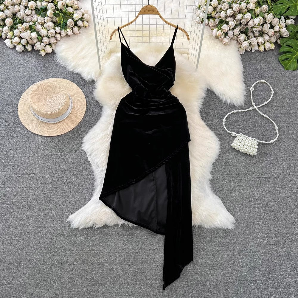 sexy slit velvet dress a-line irregular backless dress S4304