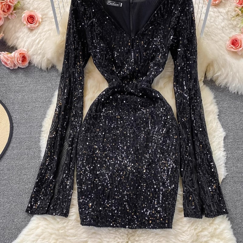 sexy sequined V-neck long-sleeved short dress S4008