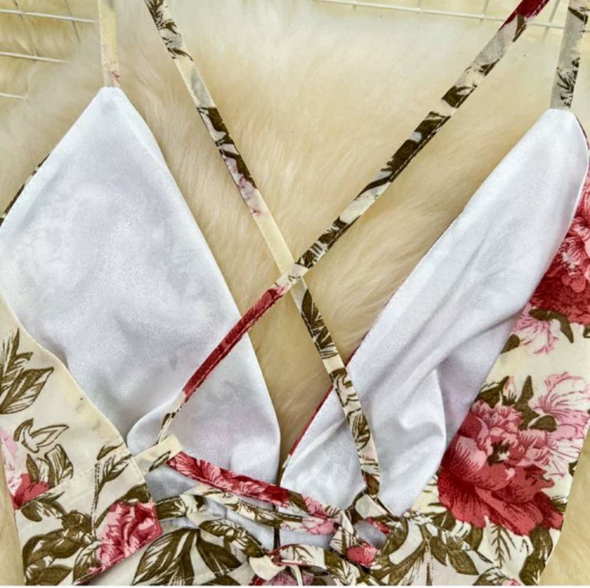 Seaside Holiday Chiffon Floral Holiday Dress, Backless Hollow Binding High Waist Slit Long Dress S4404