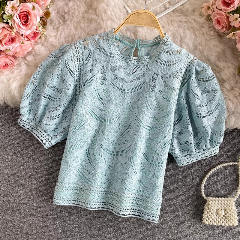 Retro puff-sleeved lace short top S3923