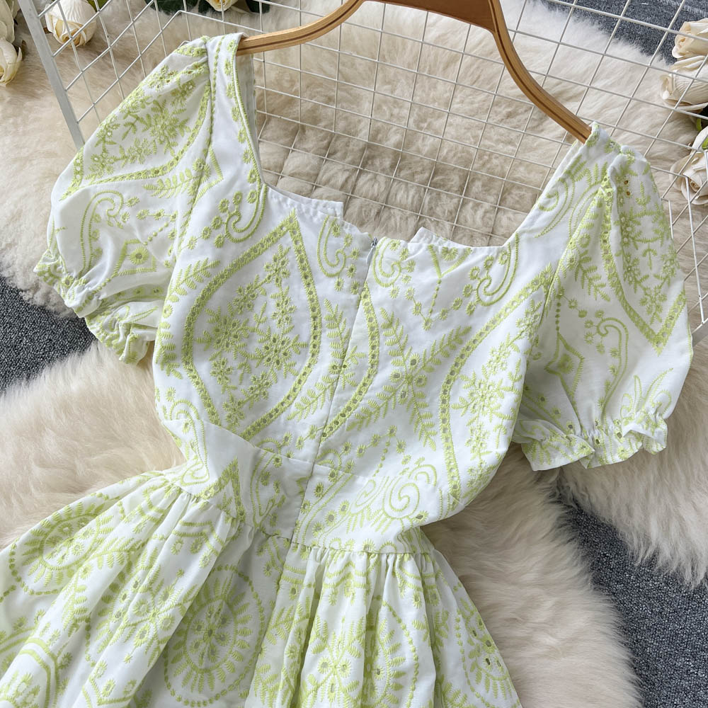 High Waist Puff Sleeve Long Lace Dress S4457