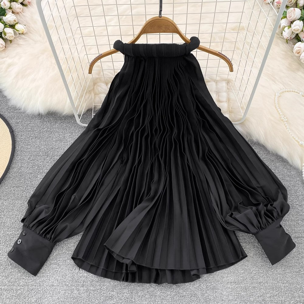 Round Neck Halter Neck Off-Shoulder Lantern Sleeve Pleated Shirt Women's Casual Top S4125