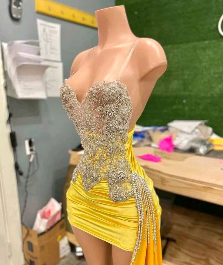 yellow short prom dress, black girl prom dress, evening dress, fairy dress S3041