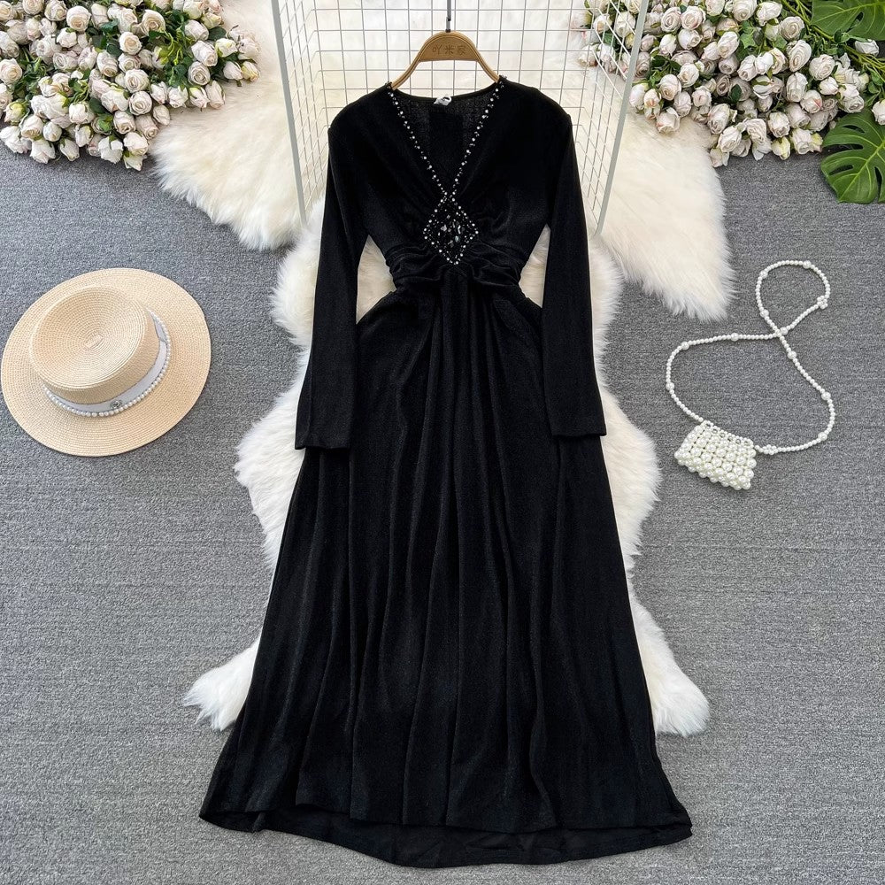 long-sleeved diamond-studded V-neck A-line dress elegant long skirt S4089