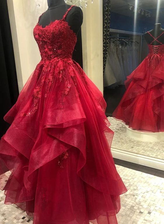 Dark Red Cross Back Tulle Long Formal Dress, Dark Red Evening Dress Prom Dress S3340