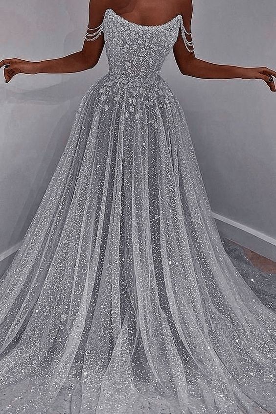 Sparkly Silver A-line Off Shoulder Long Prom Dresses S2901