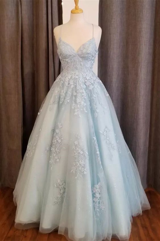 Light Blue Straps Appliques Tulle A-line Long Prom Dress S3698