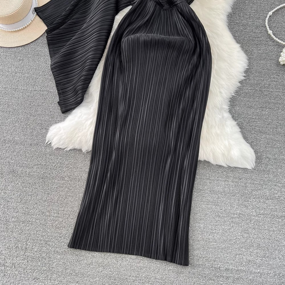 pleated off-shoulder single-sleeve dress S3998