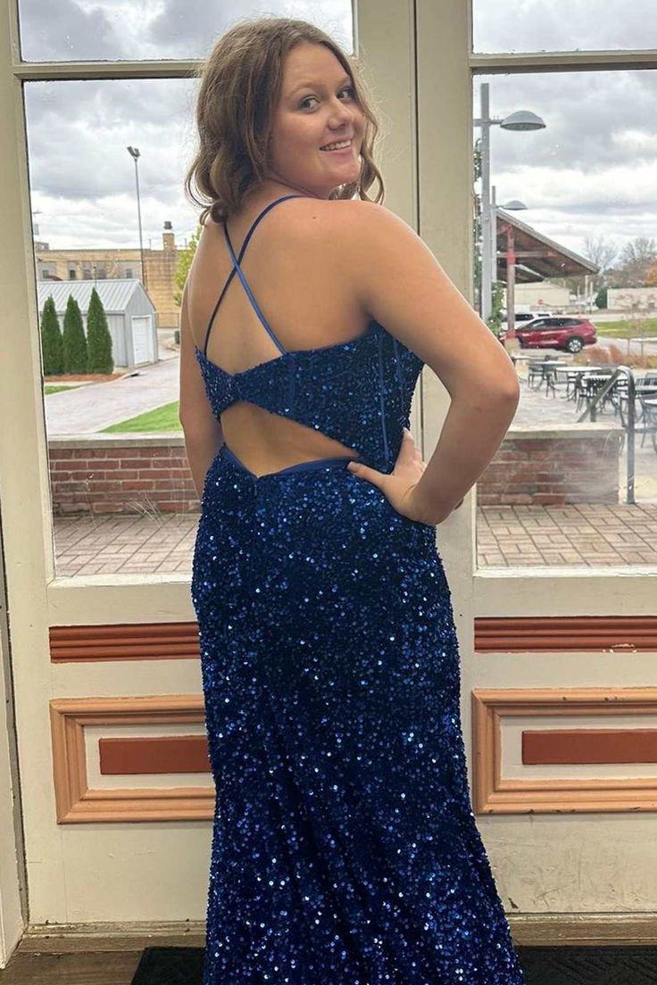 Blue Sequin Sweetheart Backless Long Prom Dress with Slit S3838