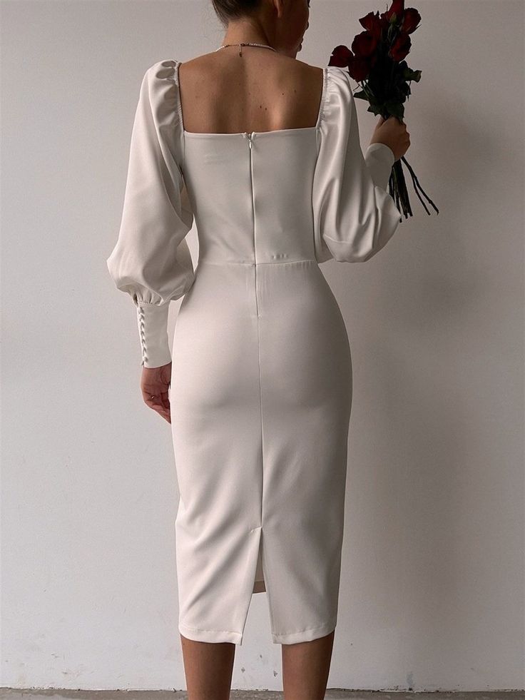 Vintage style lantern sleeve bridesmaid evening midi dress, cocktail long sleeve pencil dress, strapless white dress S3805