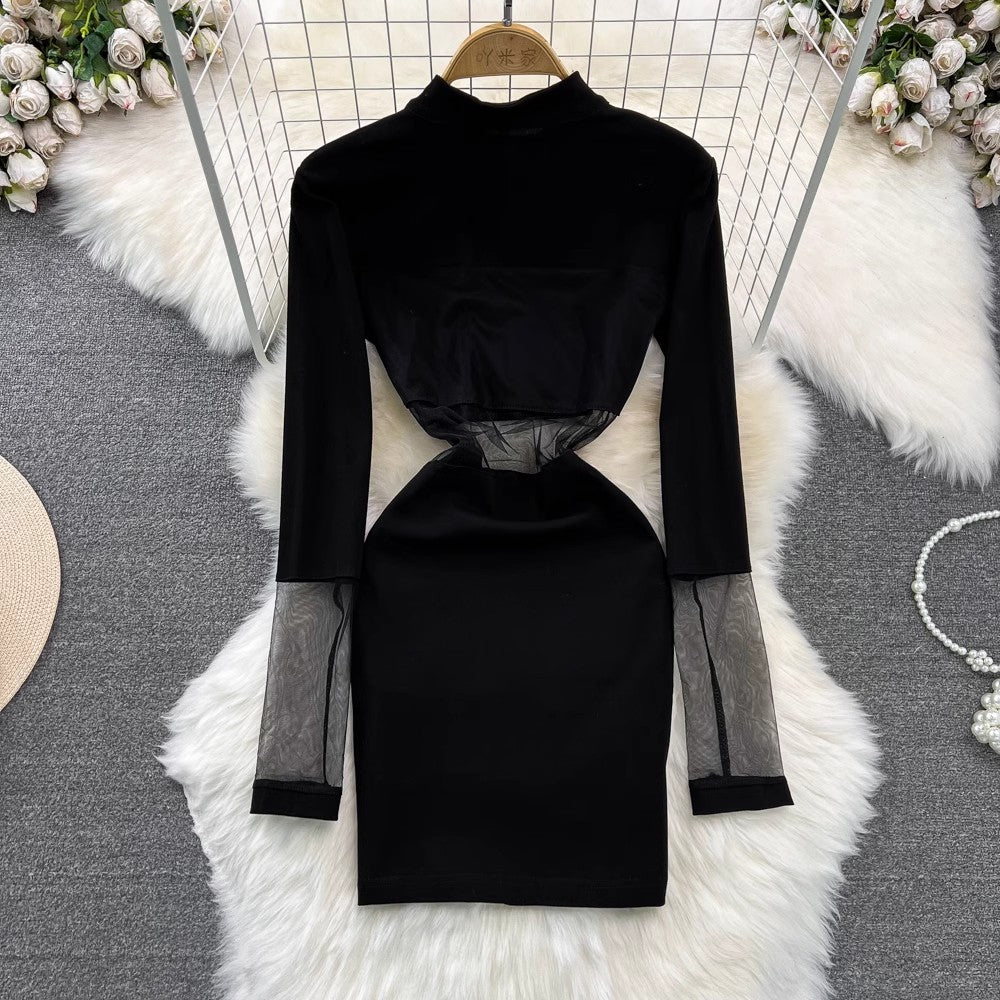 Fashionable sexy long-sleeved mesh waist dress S4000