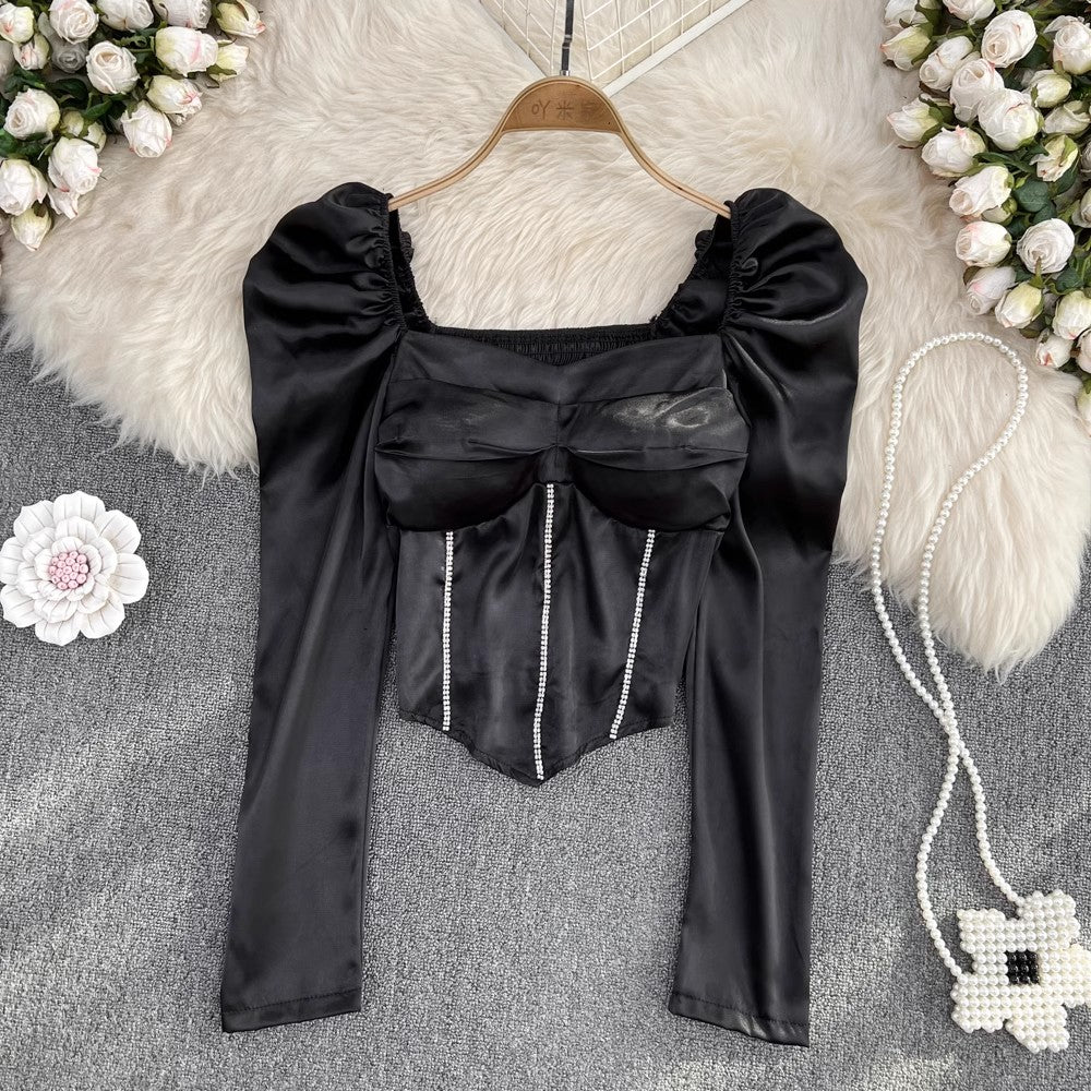 Square Neck Long Sleeve Diamond Waist Women’s Fashionable Short Top S4242