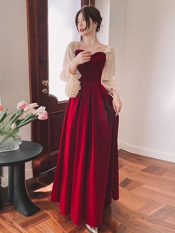 Long Sleeve Wine Red Evening Dress Party Gown S2898