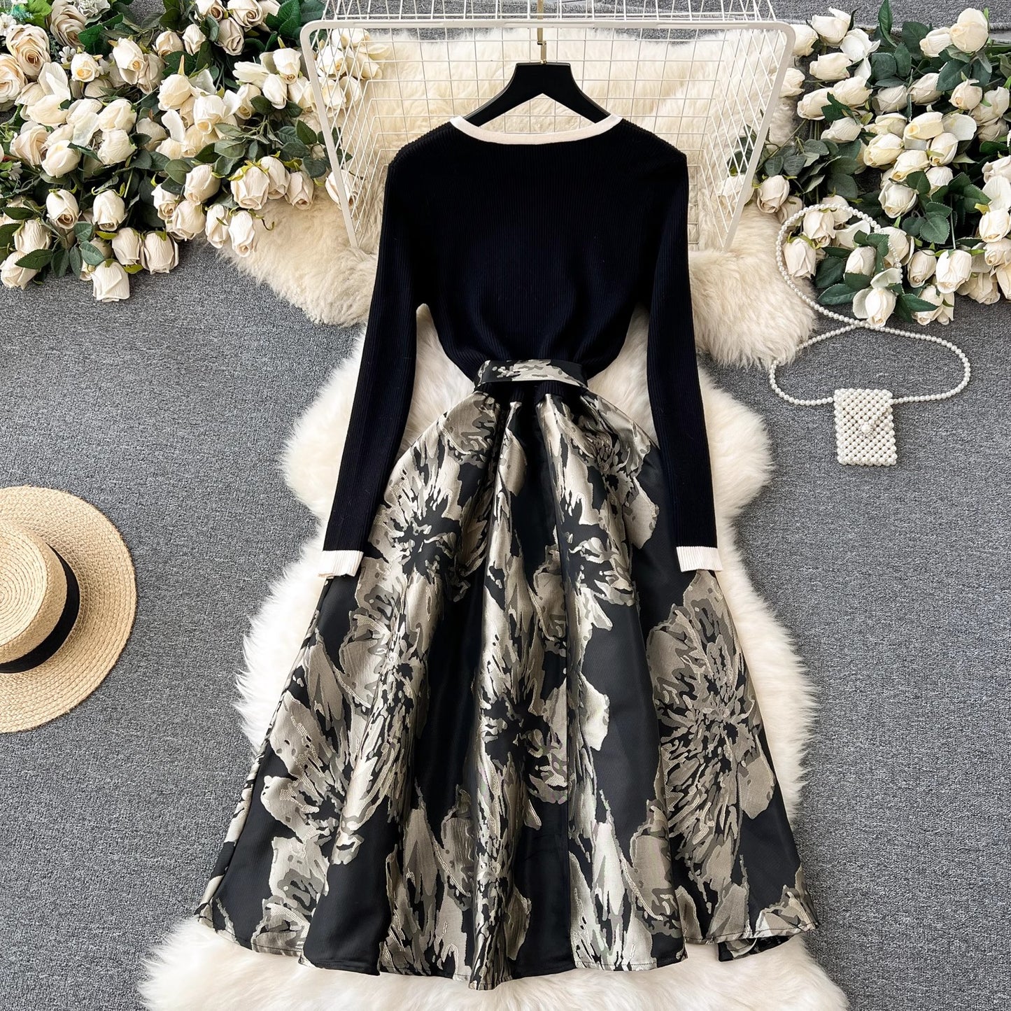 dress for women retro knitted splicing lojacquard ng skirt S4522