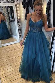 Long Prom Dresses A Line Blue Tulle Lace Appliques Formal Evening Dresses S4052