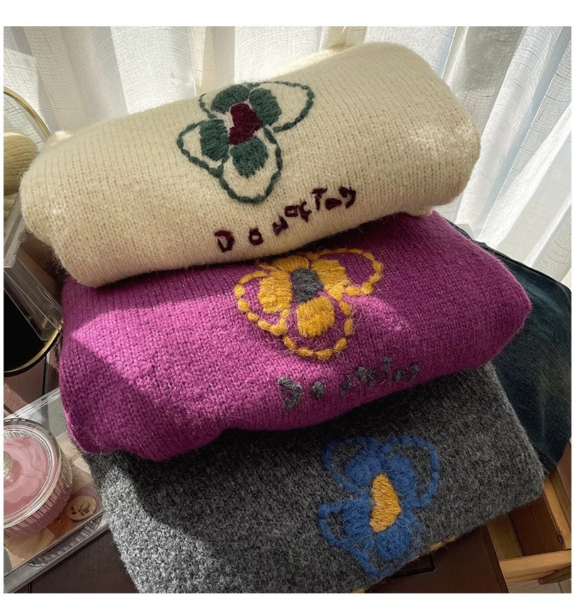 French chic embroidered round neck sweater for women knitted top S4795