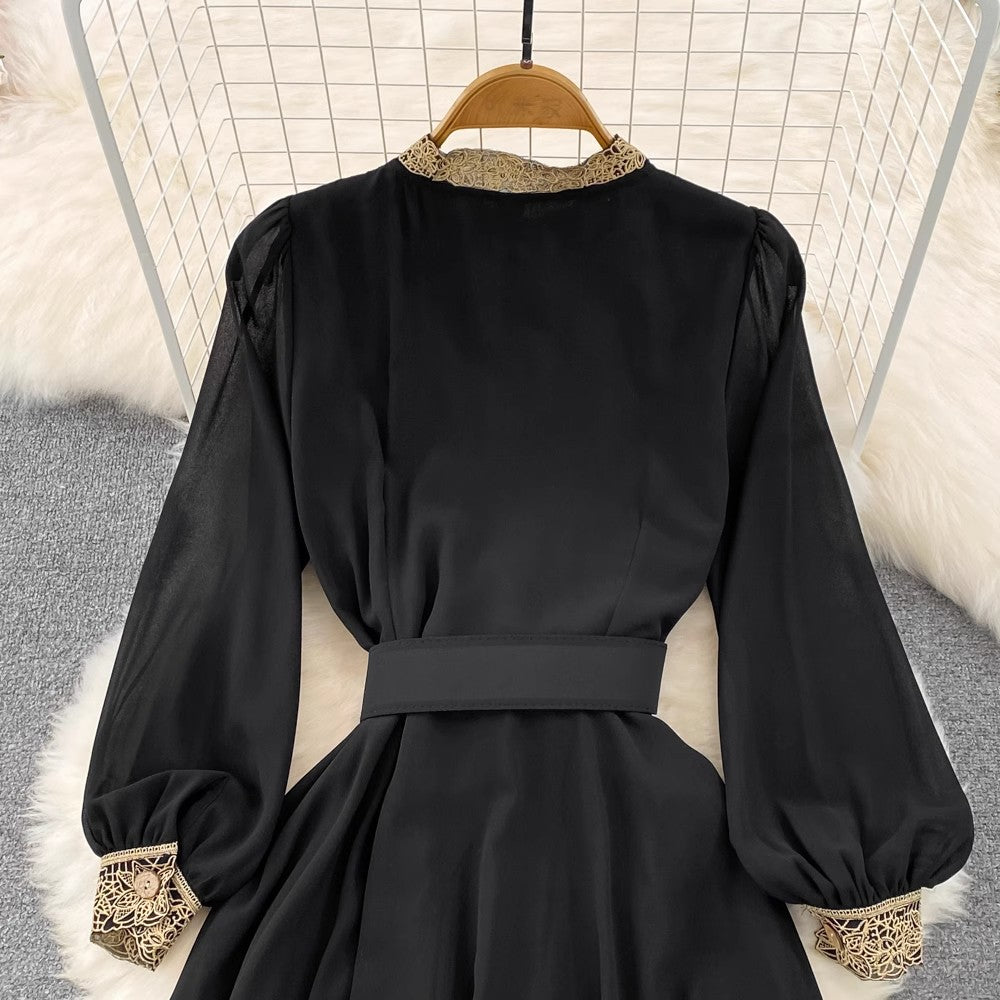 long-sleeved round neck A-line dress elegant long skirt S3972