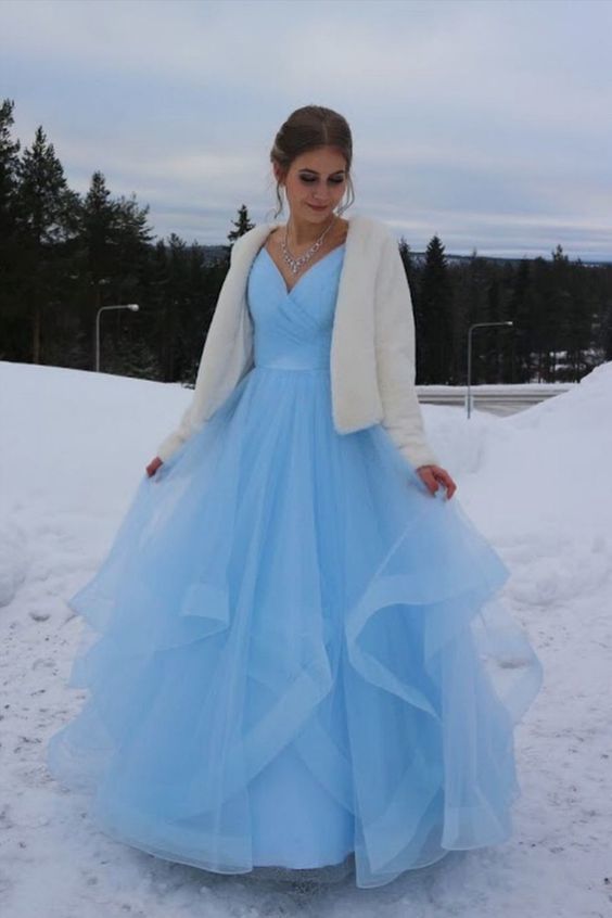 Glitter Straps V-Neck Blue Long Prom Dress S2928
